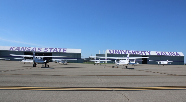 View of aircraft and hangars at the K-State Salina on-campus ramp