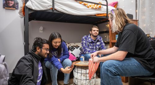 K-State Salina students conversing in one of the campus's three residence halls where students also have food service at Centennial Dining