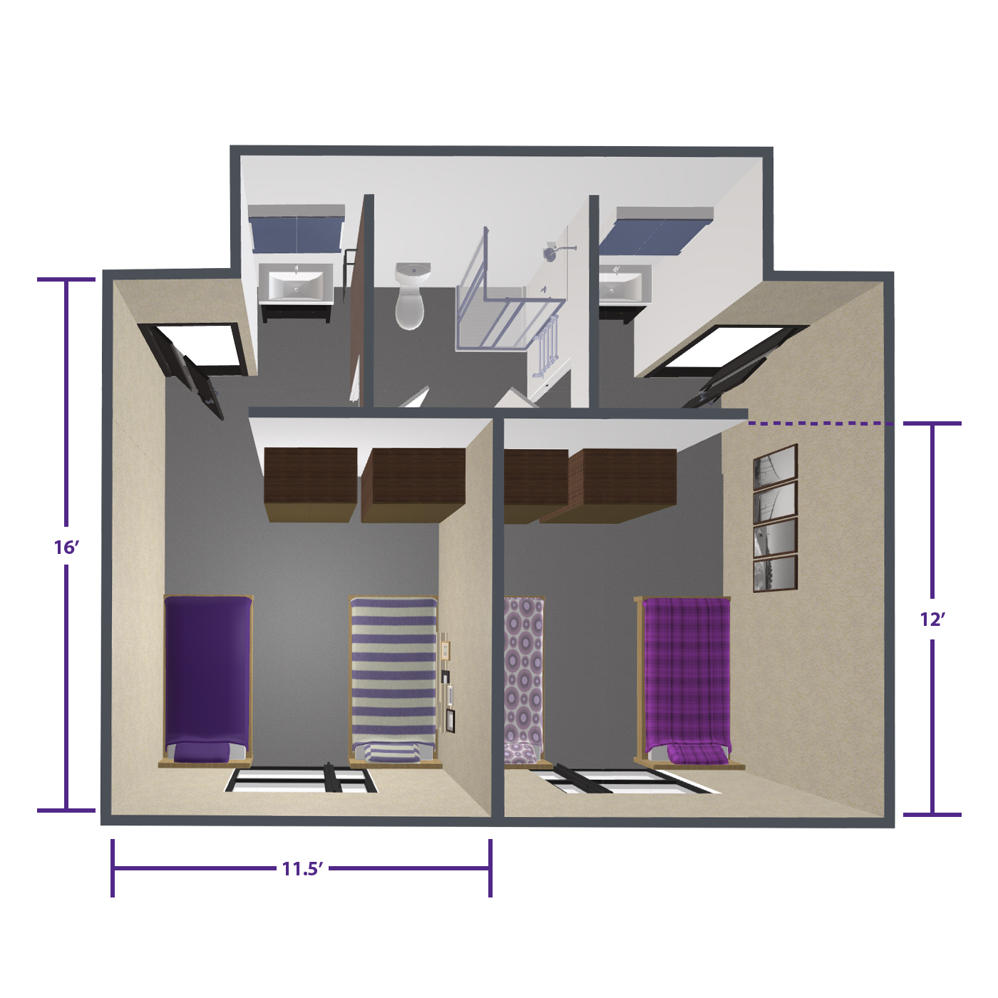 Harbin & Schilling Room Rendering Rendered image of Harbin and Schilling Hall's standard double suite room. The living area is 12 feet by 11.5 feet, a designated sink area and a shared bathroom with suitemates.