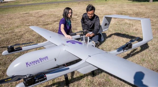 K-State Salina students prepare to fly a large UAS aircraft in an Uncrewed Aircraft Systems class.