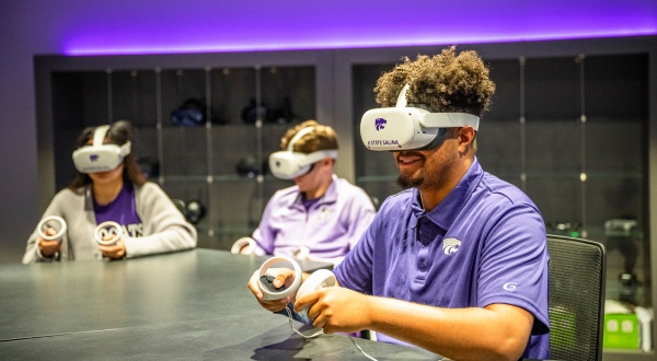 Student studies while using one of K-State Salina's on-campus virtual reality headsets.