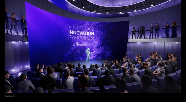 A rendering inside of a symposium auditorium inside of the new K-AIRES center at K-State Salina.